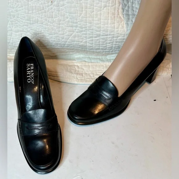 Franco Sarto Classic Black Leather Heeled Loafers - Picture 3 of 8